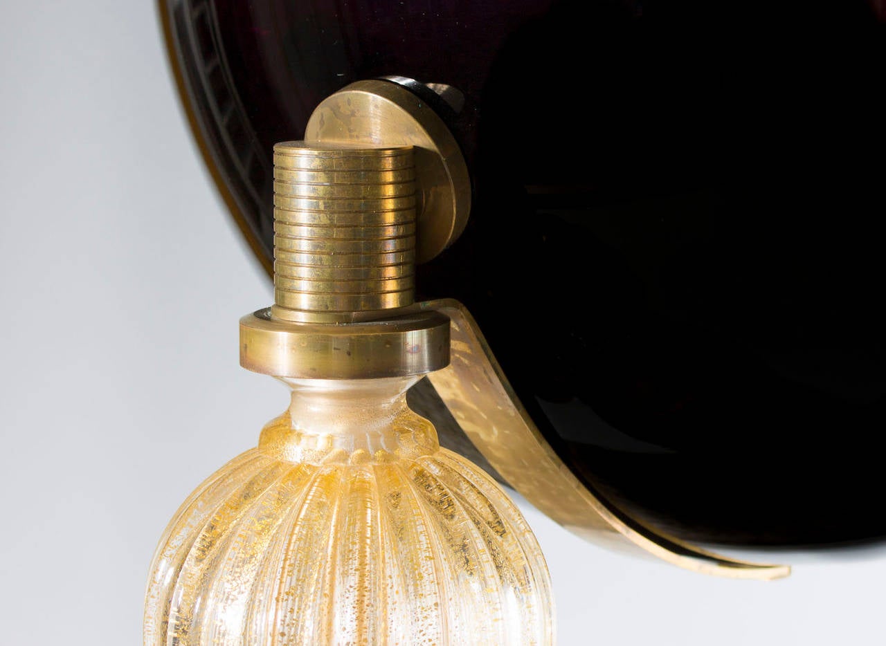 Italian Venetian Pair of Table Lamps, Gold 24-Karat Purple, 20th Century For Sale 1