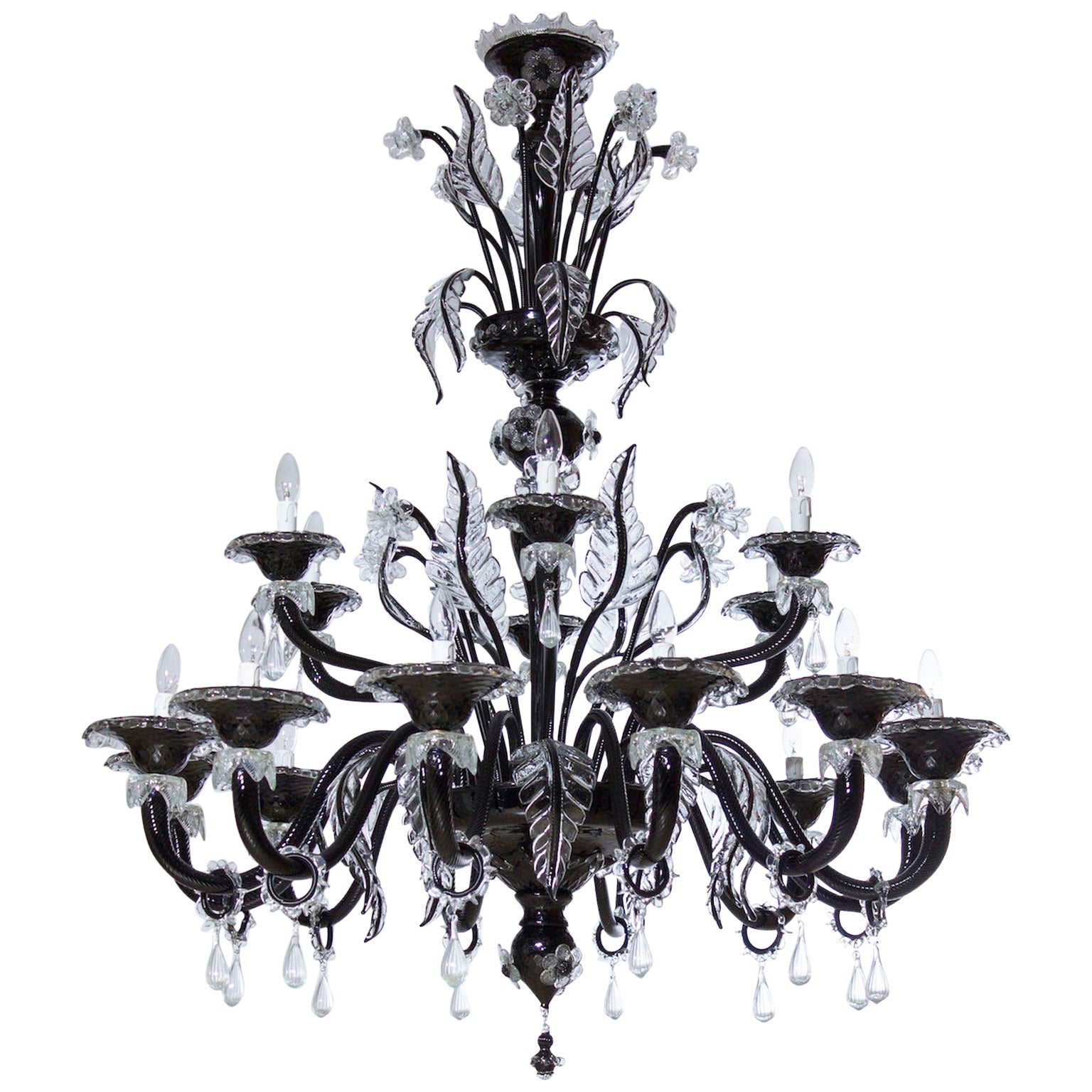 Black Chandelier in Blown Murano Glass with clear color finishes 1990s For Sale