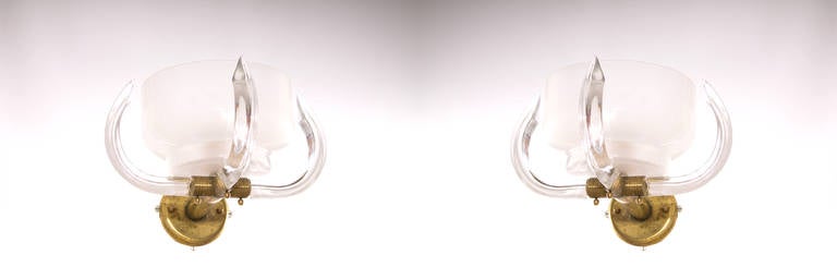 Art Deco Italian  Pair of Sconces in blown Murano Glass White color,  Camer Glass, 1960s For Sale