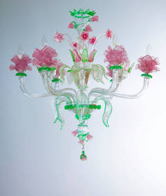 Handgefertigtes italienisches „Flower“ Muranoglas-Kronleuchter in Grün und Rosa, 1990er Jahre