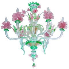 Fabrication italienne artisanale «lower »  Lustre en verre de Murano vert et rose des années 1990