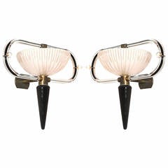Italian Venetian, Sconces, blown Murano Glass, Black & White, Camer Glass, 1960s
