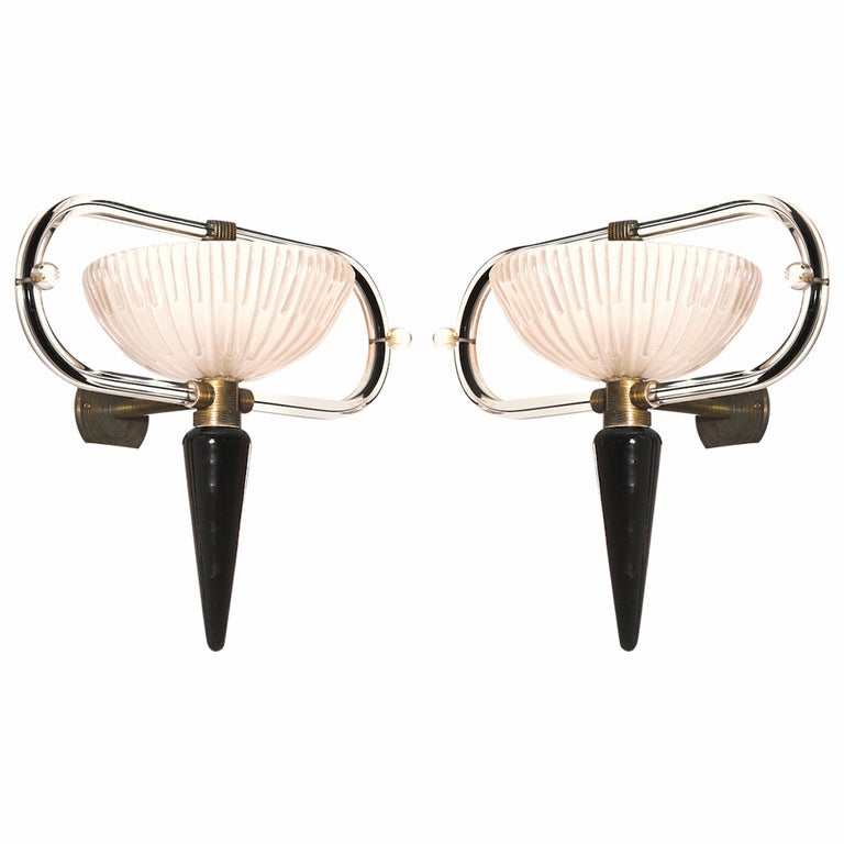Pair of sconces in blown Murano Glass Black & White Camer Glass 1960s Italy For Sale
