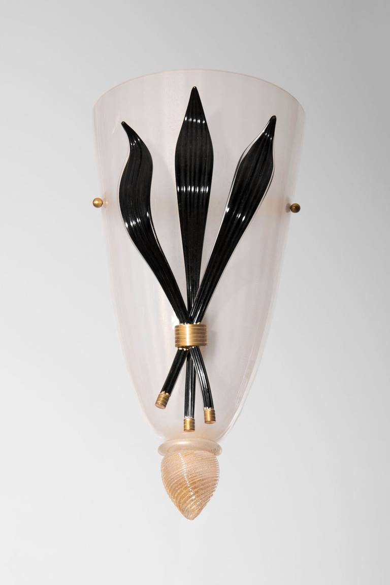 Art Deco Pair of Sconces Blown Murano Glass Black Gold White Deco 1980s Italy For Sale