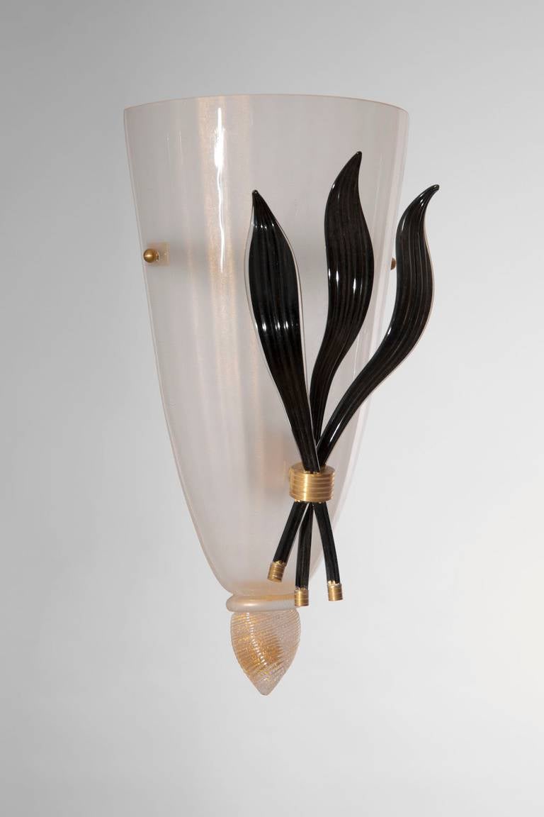 Italian Pair of Sconces Blown Murano Glass Black Gold White Deco 1980s Italy For Sale