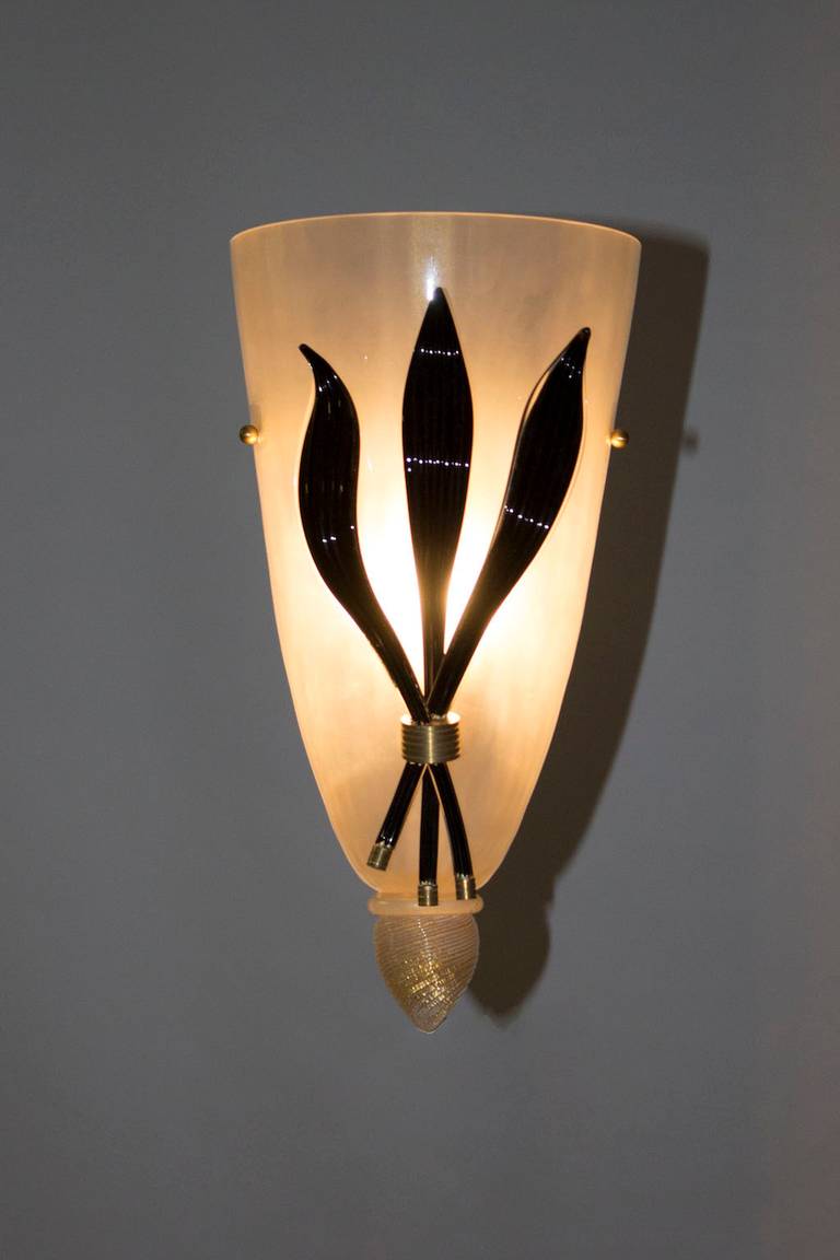 Pair of Sconces Blown Murano Glass Black Gold White Deco 1980s Italy For Sale 1