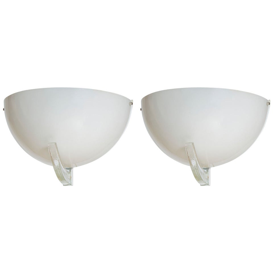 Pair of  Sconces in White Milk color Murano Glass Attributed 1960s Italy