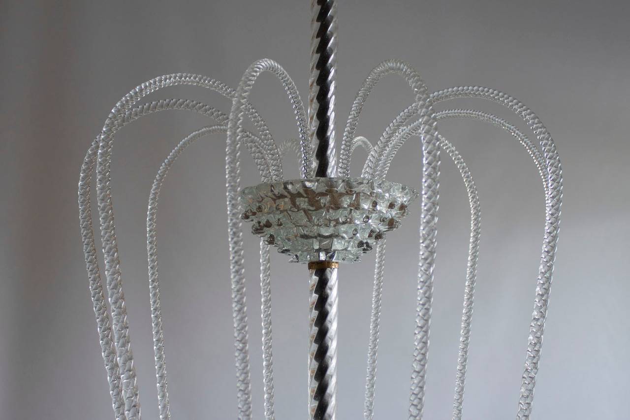 Mid-20th Century Timeless Suspension Fixture with Blown Murano Glass in Clear Hue 1940s Italy For Sale