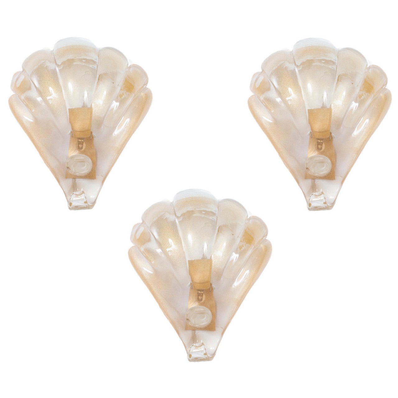 Set of Shell Sconces in Blown Murano Gold Glass 1960s Italy
