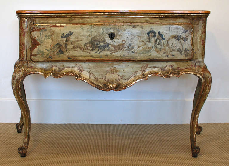 This one drawer Venetian chinoiserie style painted console reflects the decadent style of Italian Venetian furniture. This spectacular piece was purchased from the Ford estate of Sea Island, Georgia. <br />
<br />
This console has a pale green