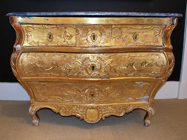Louis XV Gilded Bombé Commode with Blue Stone Top