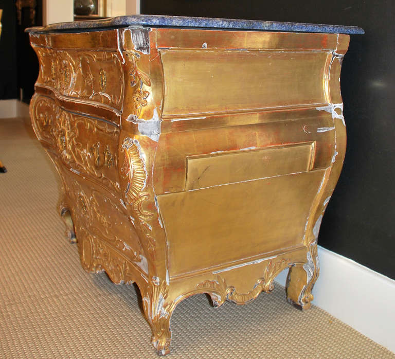 Gilded three drawer Venetian commode with blue stone top.