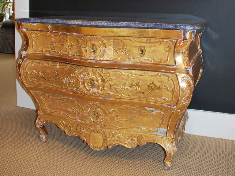 18th Century and Earlier Gilded Bombé Commode with Blue Stone Top
