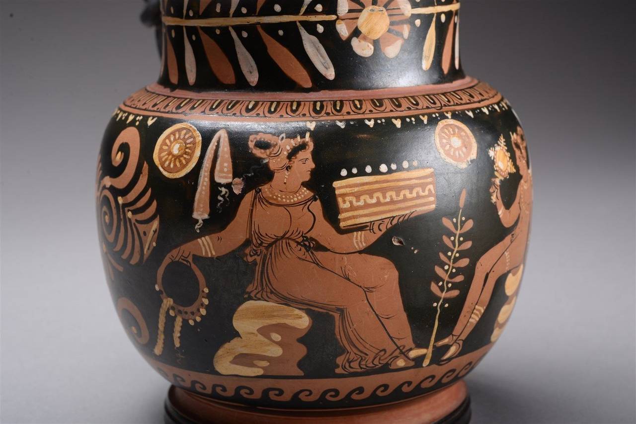 Glazed Ancient Greek Apulian Red-Figure Ceramic Olpe Wine Jug, 4th Century B.C.