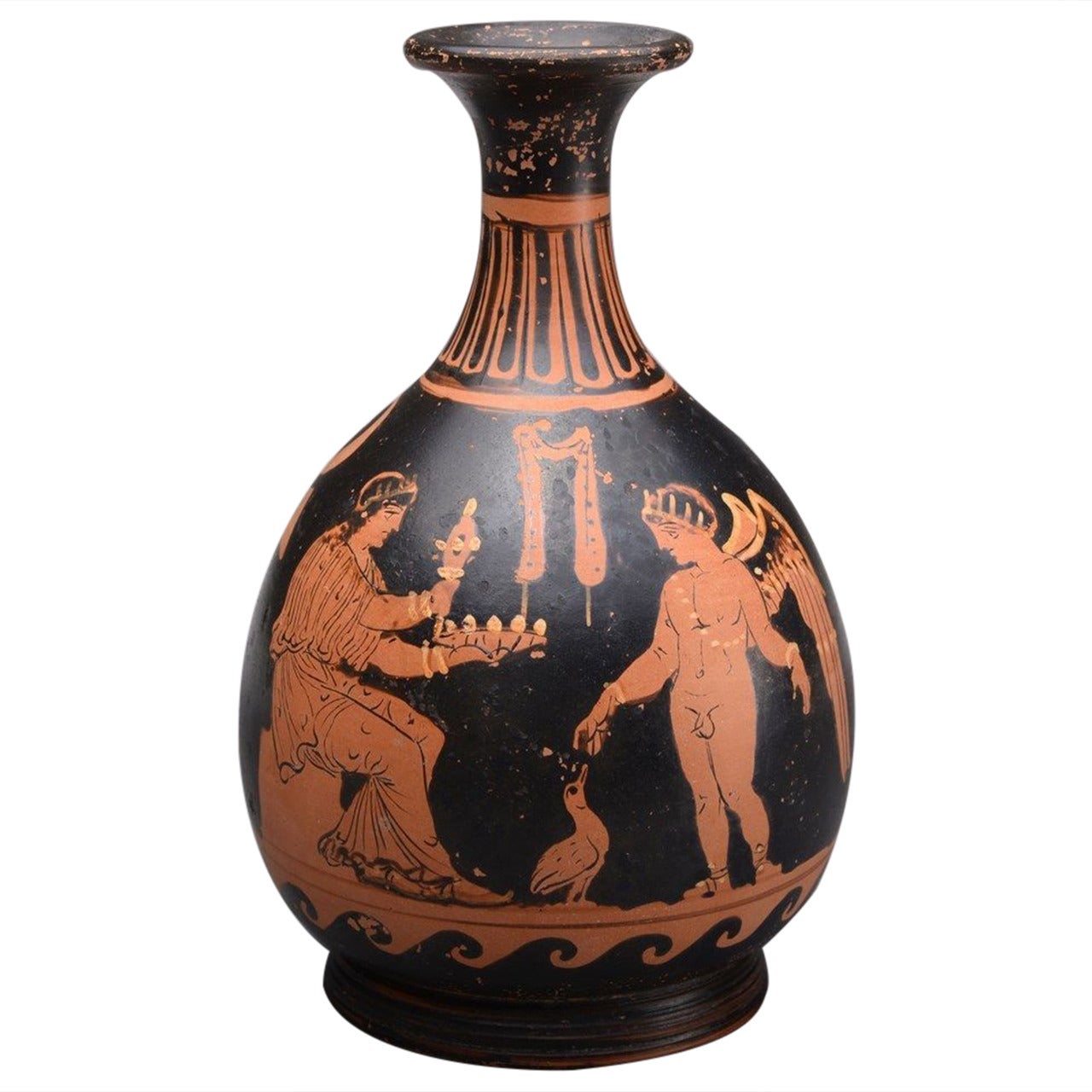 Ancient Greek Apulian Red-Figure Ceramic Pottery Bottle, 4th Century B.C.