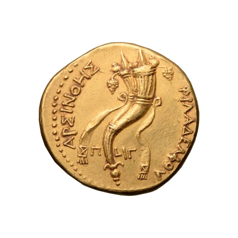 A unique, extremely fine, solid gold Octadrachm or Mnaïeion, the most valuable and heaviest gold coin struck in all antiquity. Minted around 253 BC by King Ptolemy II of Egypt in the honour of his Queen, Arsinoe II Philadelphus.

The obverse