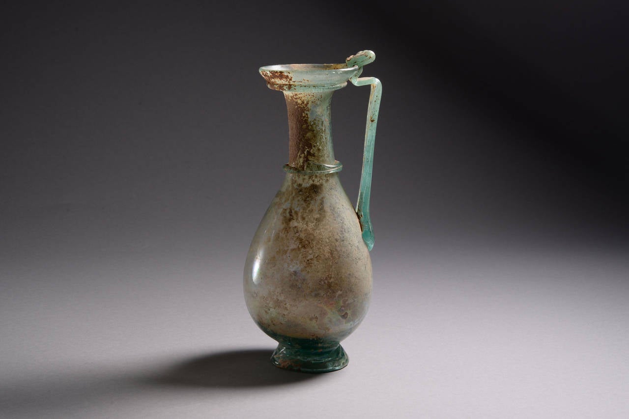 Elegant Ancient Roman Green Glass Jug, 2nd Century AD In Excellent Condition In London, GB