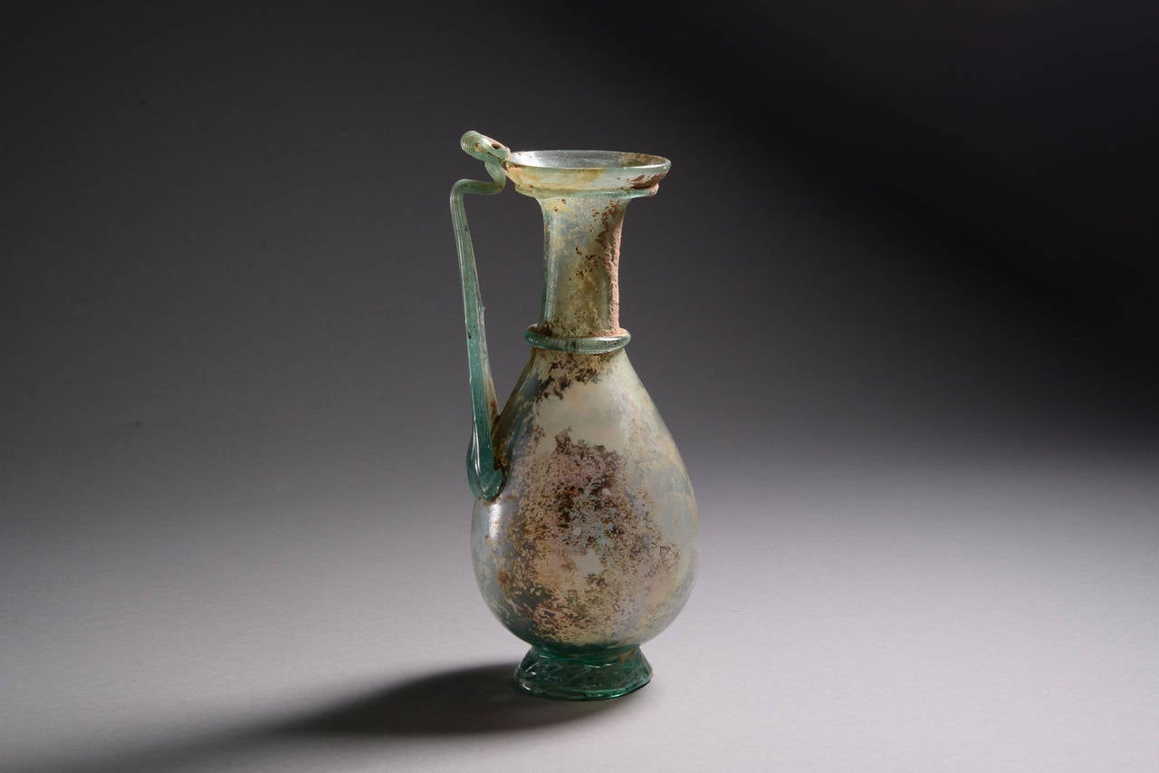 Blown Glass Elegant Ancient Roman Green Glass Jug, 2nd Century AD