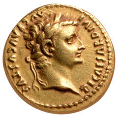 Ancient Roman Gold Aureus Portrait Coin of Emperor Tiberius
