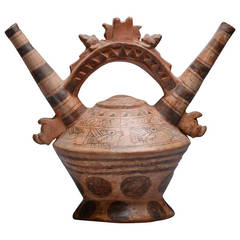 Antique Pre Columbian Chimu Lambayeque Pottery Peruvian Double Spout Vessel