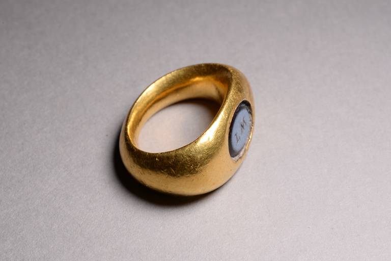 Unknown Ancient Roman Gold Nicolo Intaglio Ring with Inscription