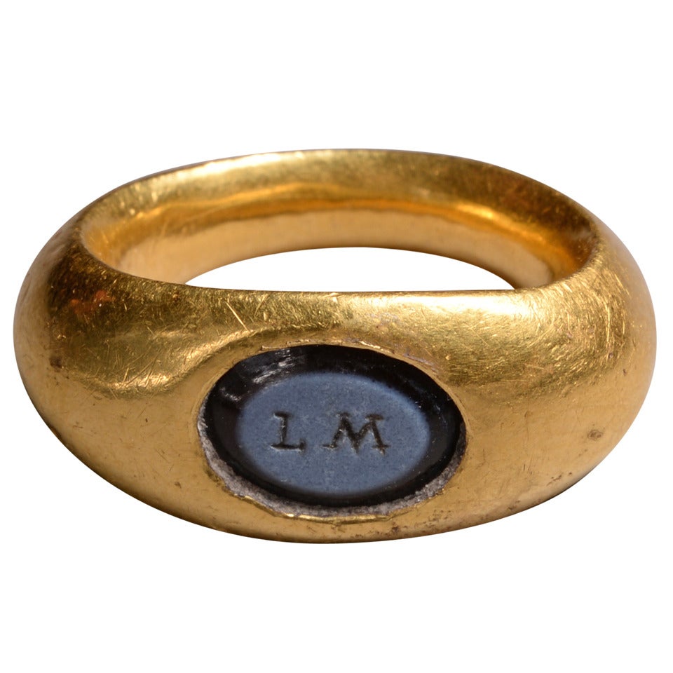 Ancient Roman Gold Nicolo Intaglio Ring with Inscription