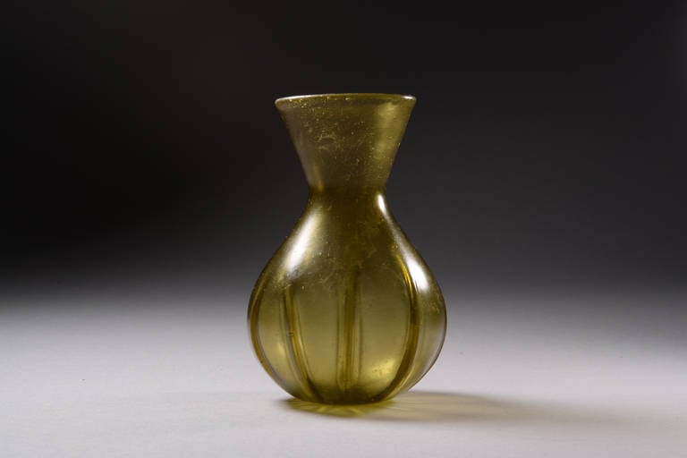 Ancient Roman Olive Green Ribbed Glass Flask, 300 AD