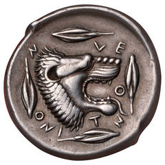 Ancient Greek Sicily Tetradrachm Coin from Leontini, 450 BC