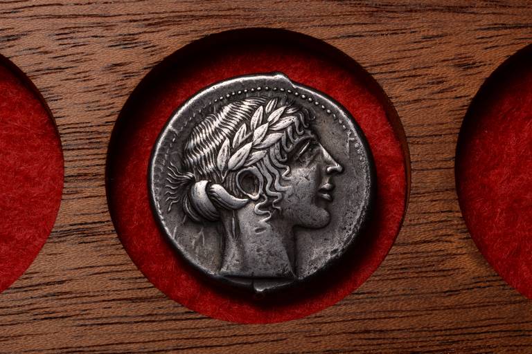 Italian Ancient Greek Sicily Tetradrachm Coin from Leontini, 450 BC