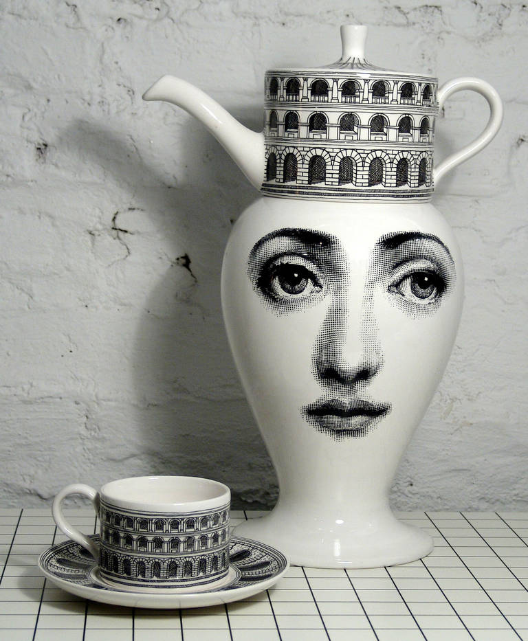 In 2010 Bitossi and the Studio Fornasetti produced a special edition of a tea set by Fornasetti. The vase was made by Bitossi, the tea pot and the cup by Studio Fornasetti. 

Only ten sets were made in this edition, this is number two.

Signed