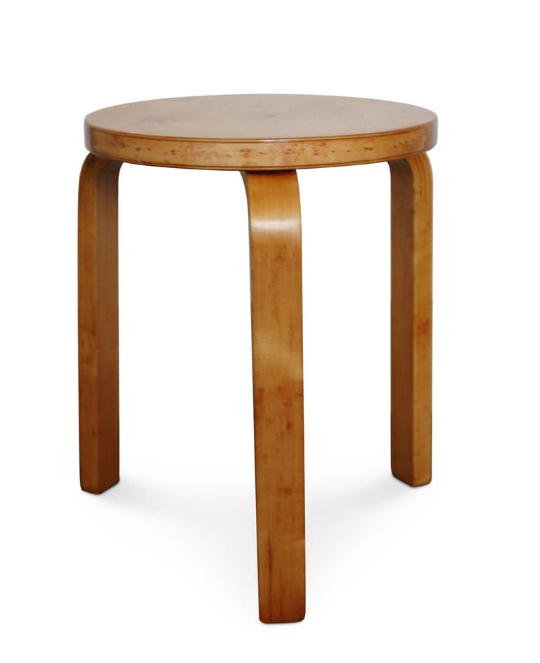 Rare Stool 60 by Alvar Aalto, produced by O.Y. Huonekalu-ja Rakennustyöte for Artek in the 1930ths and distributed by Finmar.

Stool with a rest of the old Finmar label.
