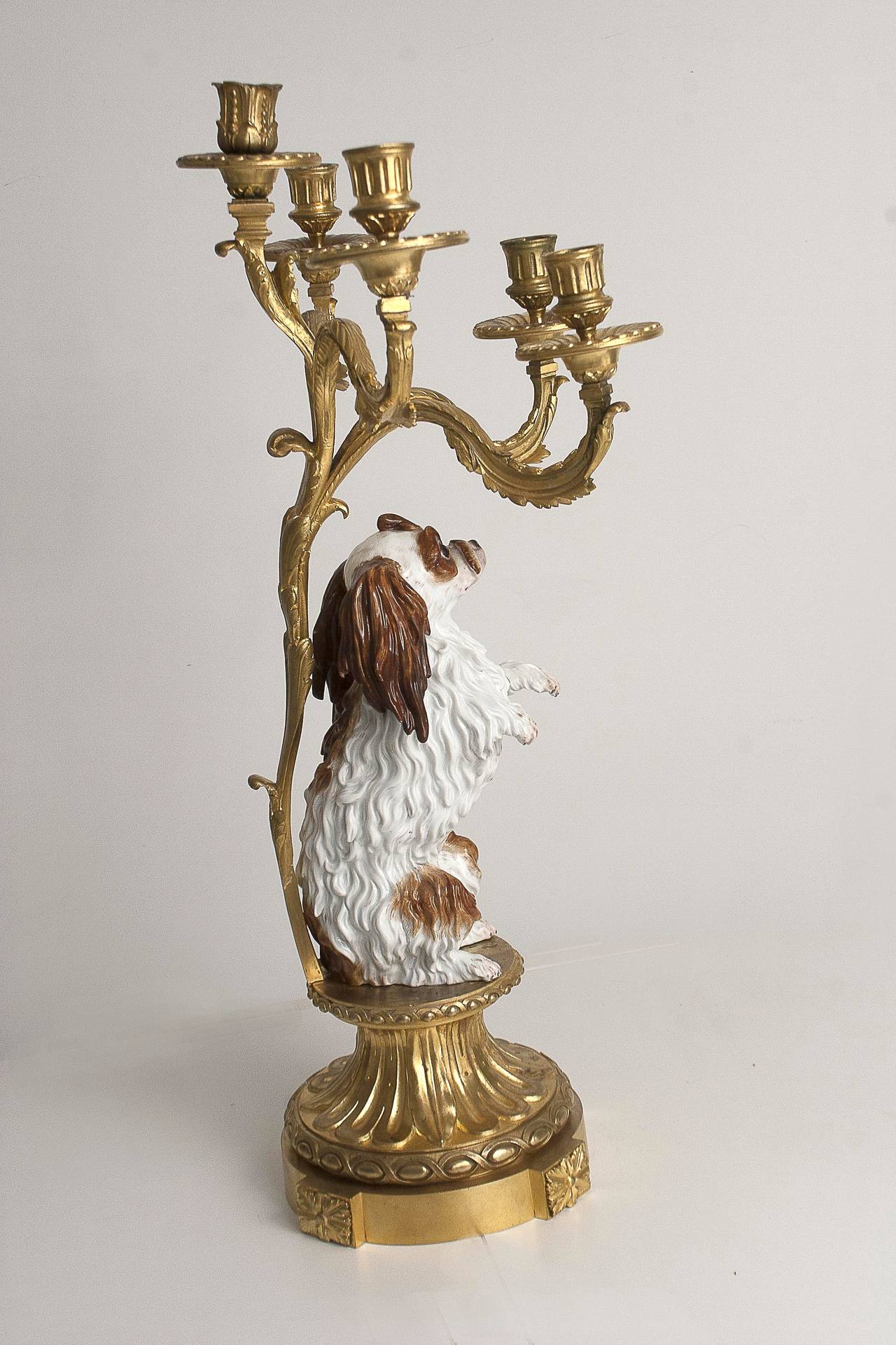 Bronze Pair of Candelabra with King Charles Porcelain, France H.Picard, 19th Century For Sale