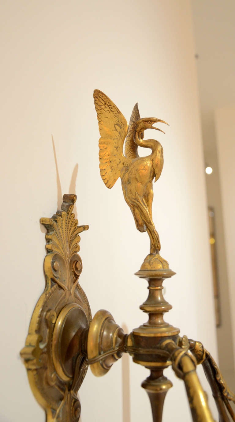 French Pair of Sconces with a Heron by Ferdinand Barbedienne For Sale