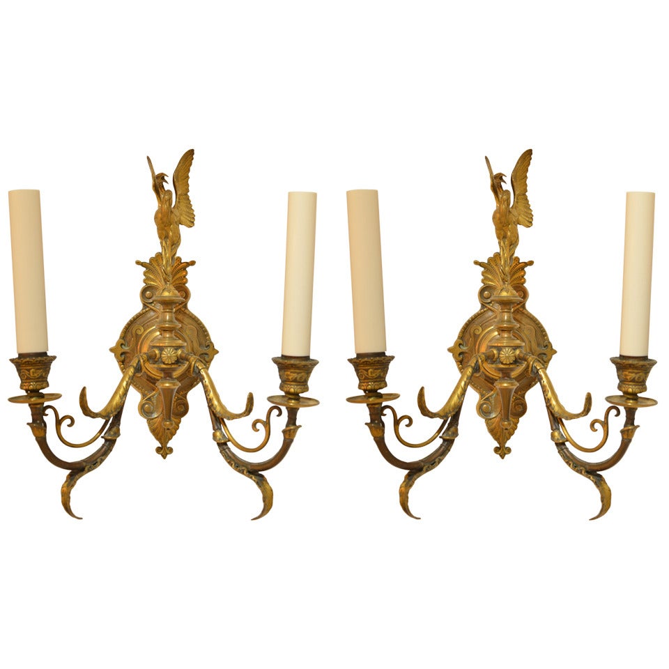 Pair of Sconces with a Heron by Ferdinand Barbedienne For Sale