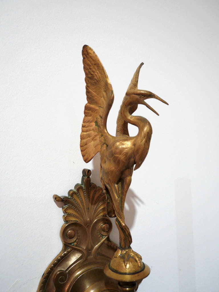 Gilt Pair of Sconces with a Heron by Ferdinand Barbedienne For Sale