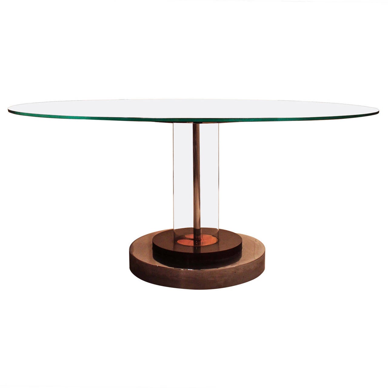 Beautiful 1970's Lucite, brass, and aluminum pedestal dining table. Original condition with thick black-glass top and clear outer ribbon detail, on layered tubular pedestal.