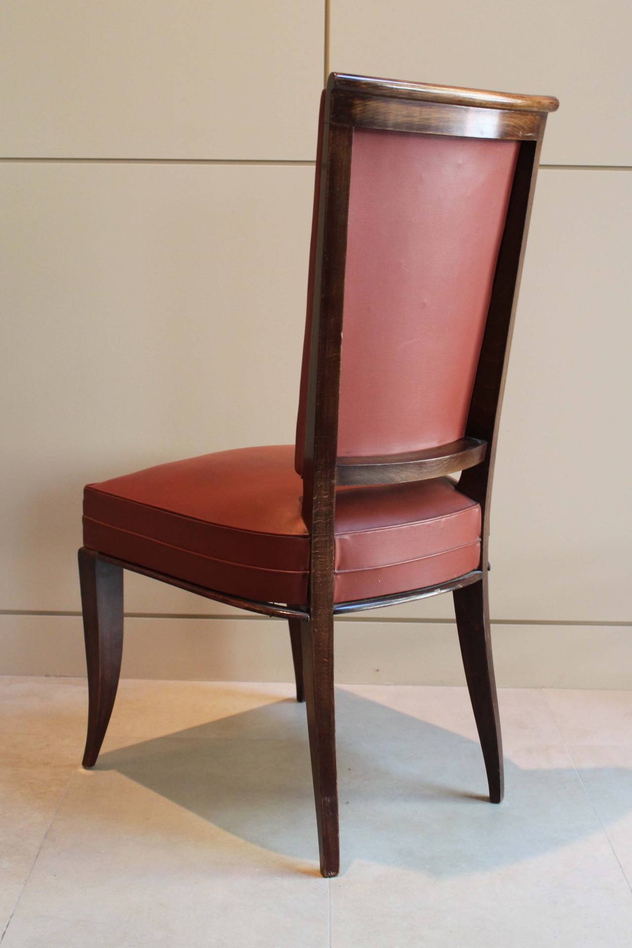 Set of six dining chairs in original condition. Beautiful art deco silhouette with elegant lines. Vintage upholstery, unrestored frames with wear consistent with age and use. 