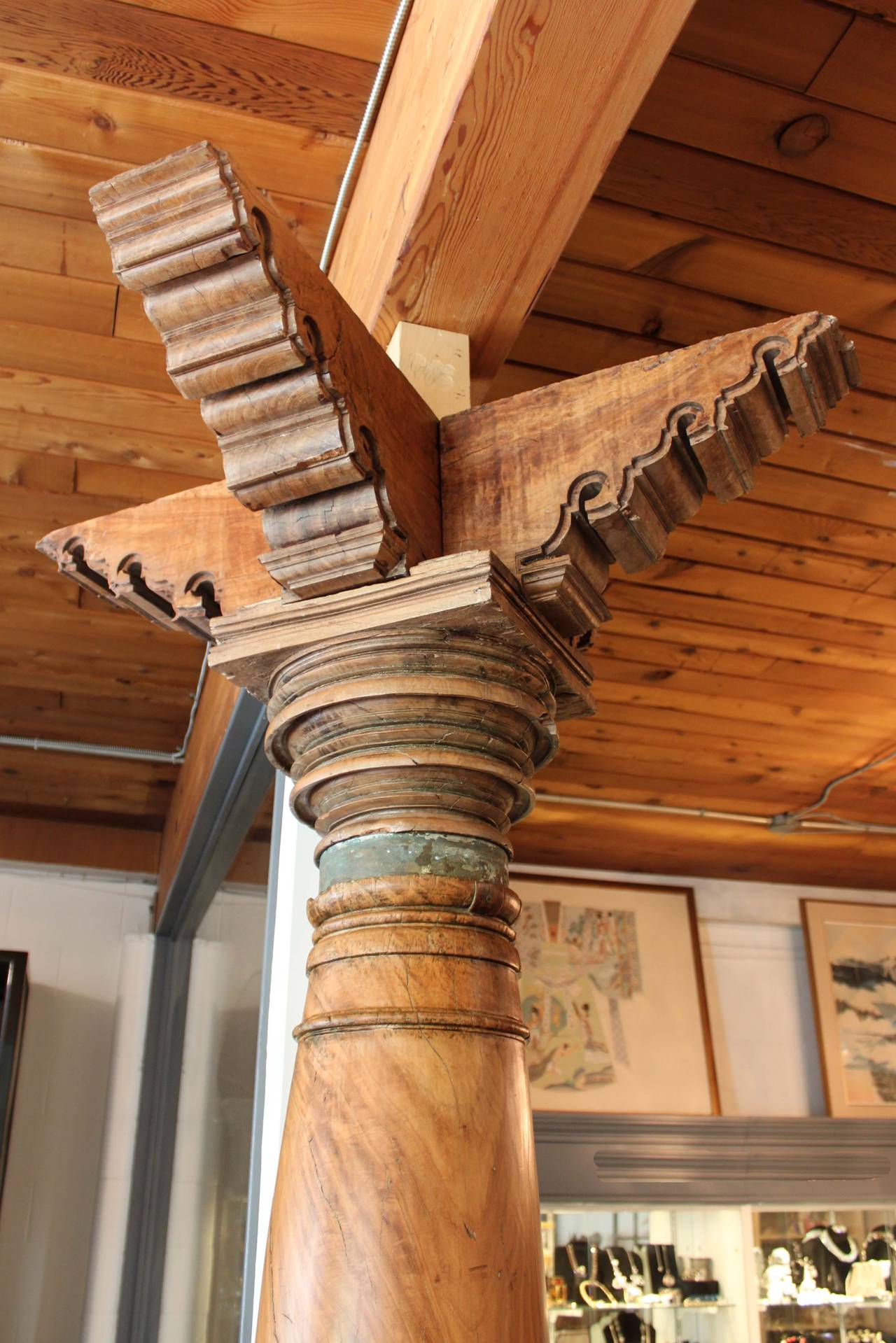 Pair of large Doric-style columns from a temple in India, suspected to be from the 18th century but possibly earlier. Beautifully carved and detailed, fantastic condition. Approximately 101