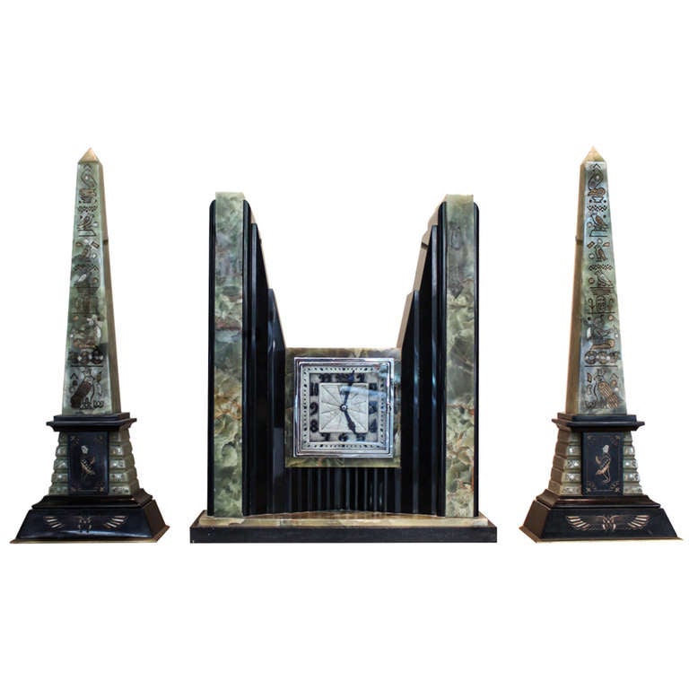 Art Deco Egyptian Revival Clock and Obelisks by ATO For ...