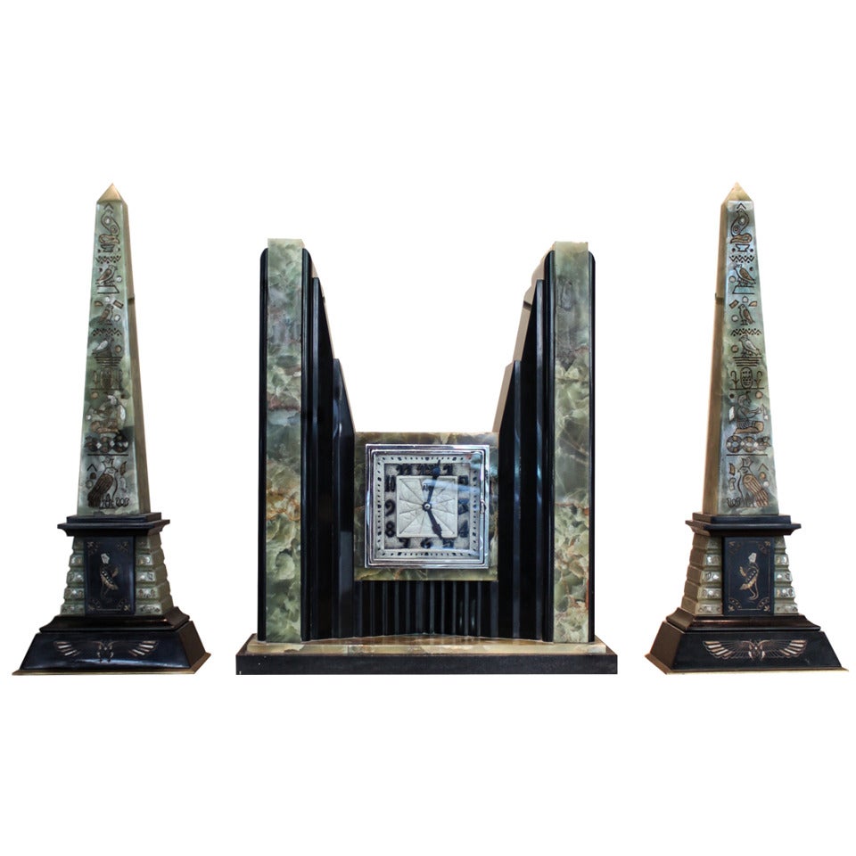 Art Deco Egyptian Revival Clock and Obelisks by ATO For Sale