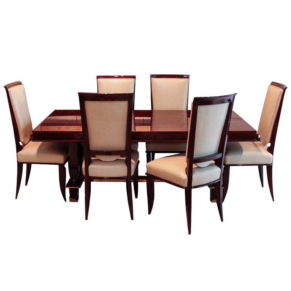 Inlaid Dining Table and Set of Six Chairs