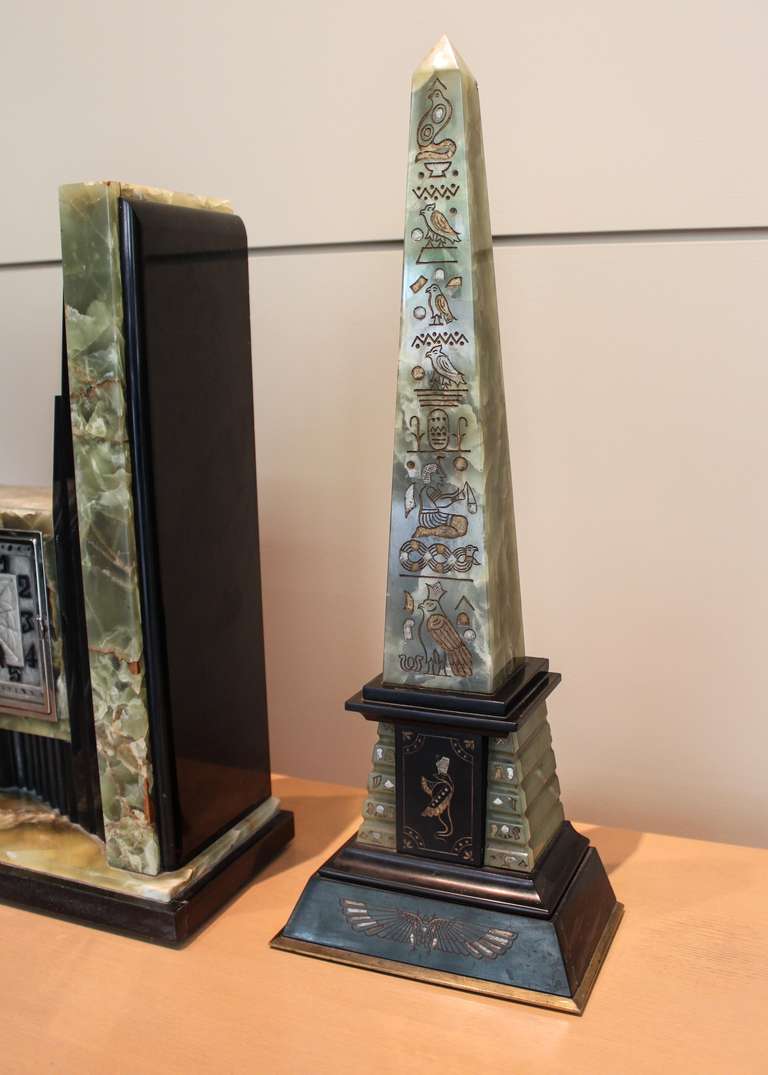 French Art Deco Egyptian Revival Clock and Obelisks by ATO For Sale