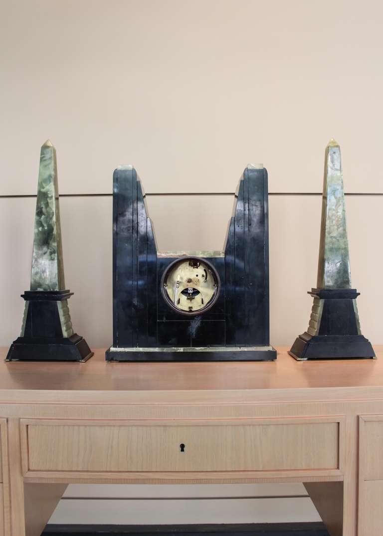 Art Deco Egyptian Revival Clock and Obelisks by ATO For Sale 3