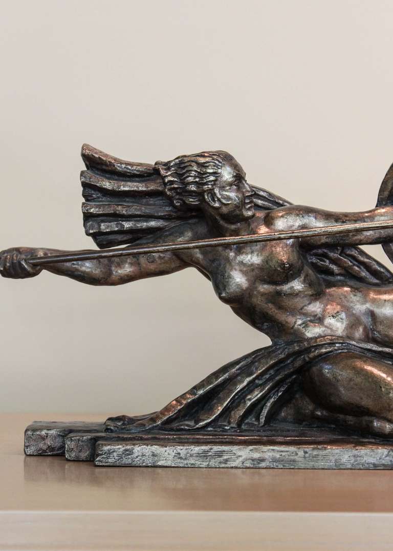 Art Deco bronze casting of Penthesilea (Penthesileia), Queen of the Amazons, also known as Tireuse à l'arc, by Marcel-Andre Bouraine (French, 1886-1948). The most famous of Bouraine's work, this example exhibits a naked woman