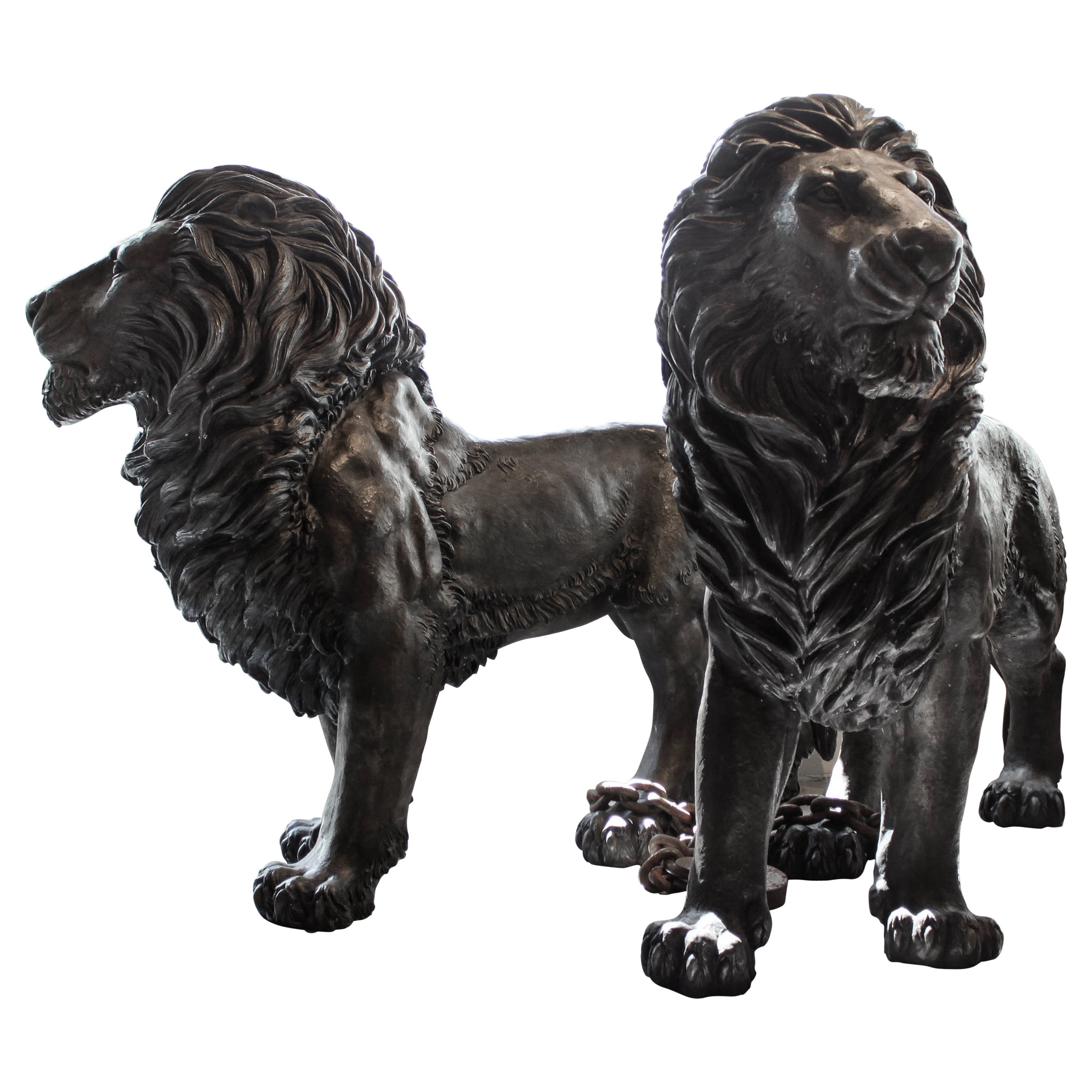 Pair of Life-Size Bronze Standing Lions