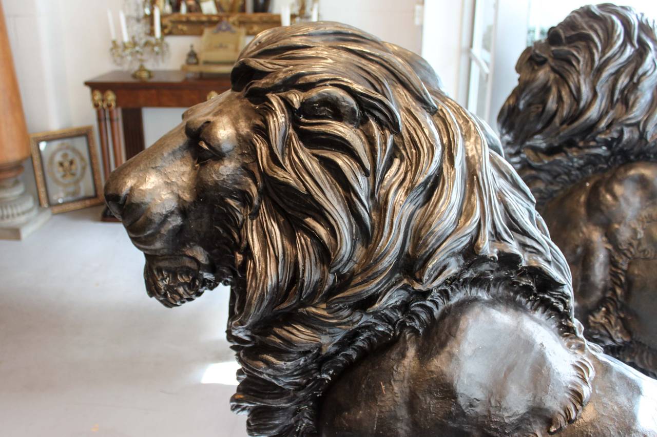 American Pair of Life-Size Bronze Standing Lions