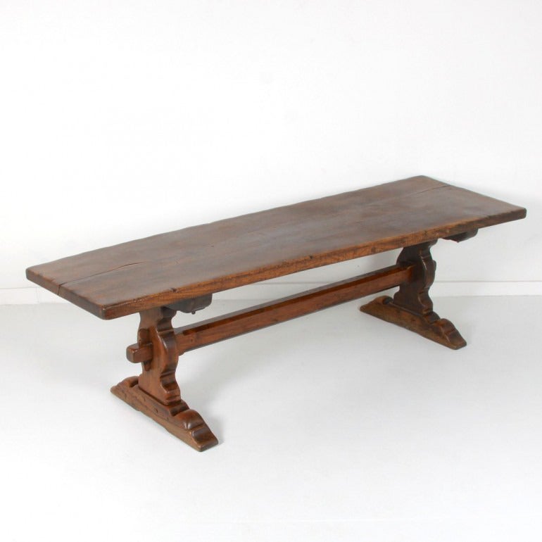 A rare example of an oak trestle table from the 1800's, with a top made of a single plank measuring 30.5