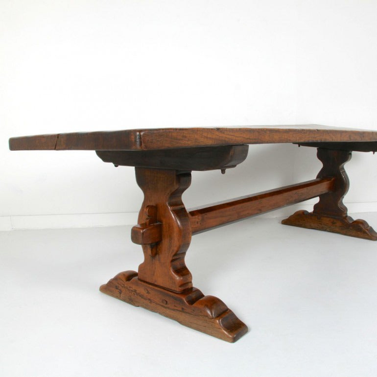 French 19th Century Single-Plank Oak Trestle Table For Sale
