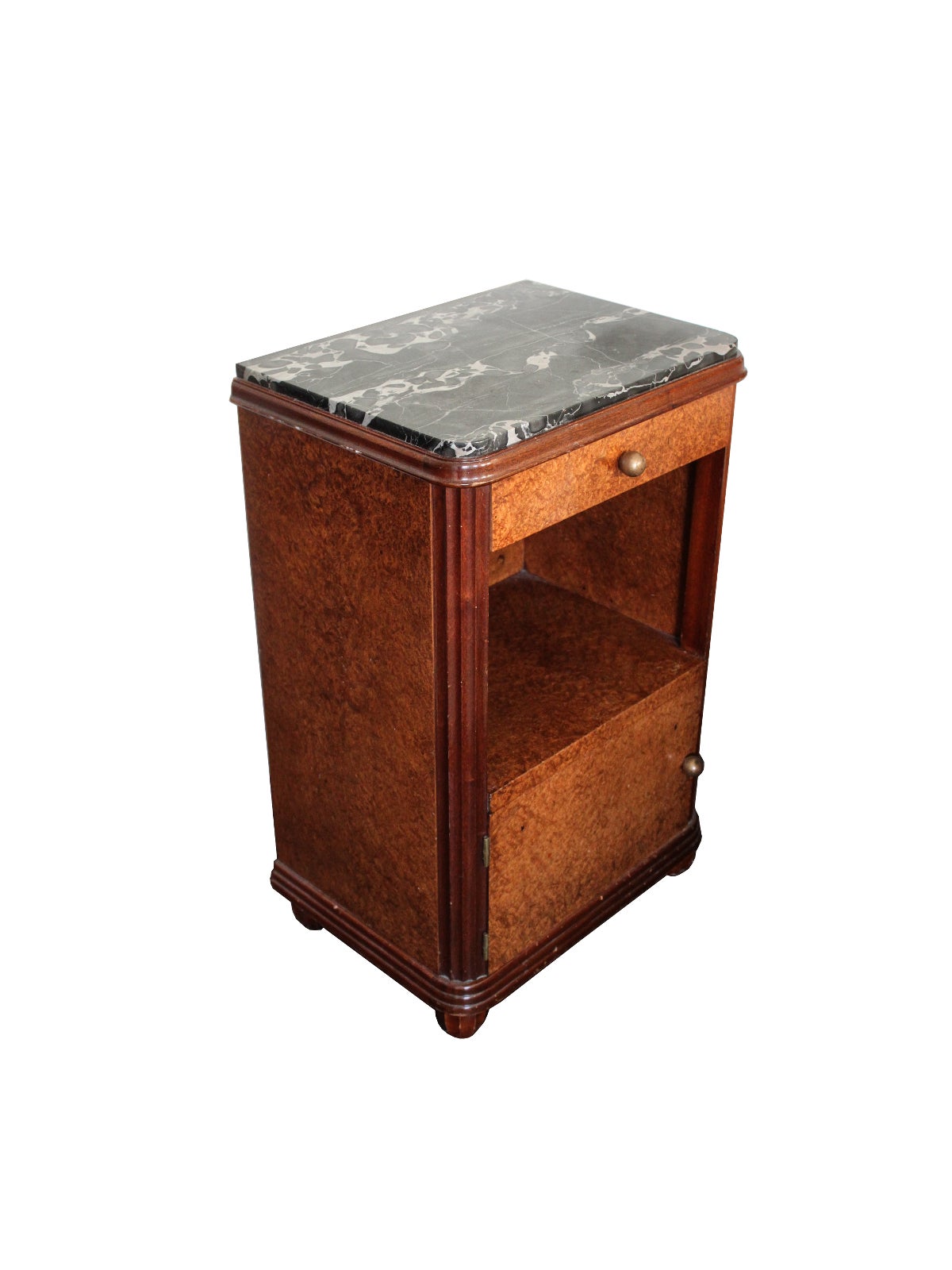 Pair of burled walnut and marble art deco side tables. One drawer and lower cabinet with original brass hardware and finish. The perfect height to use as a nightstand. Good overall condition with minor wear consistent with age and use. 

