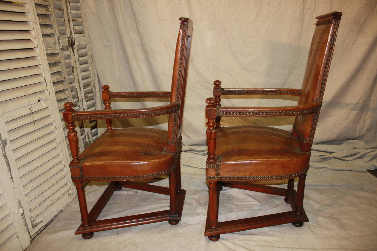 Exceptional pair of 19th century French leather chairs. Those chairs called 